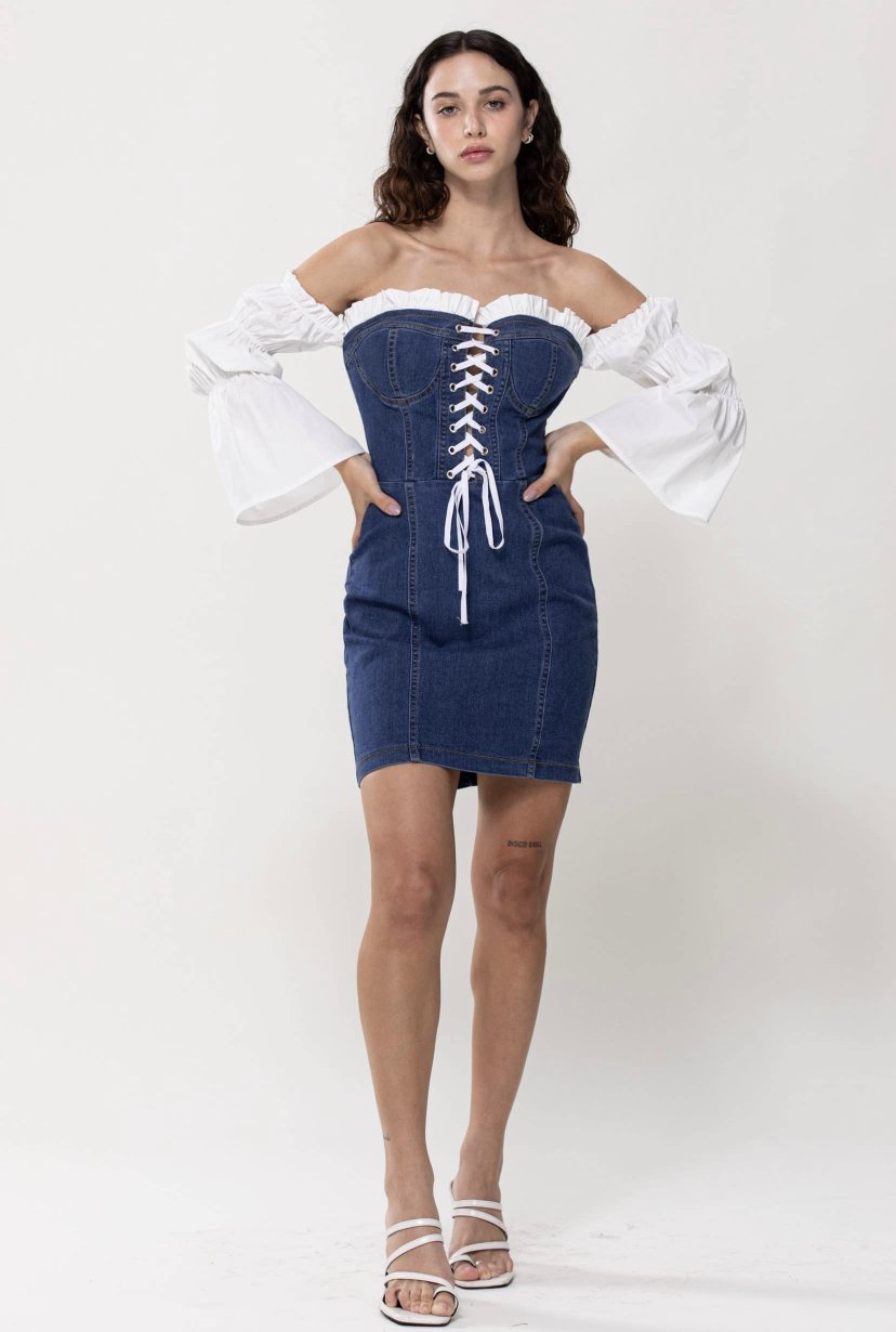 white on denim laced up dress