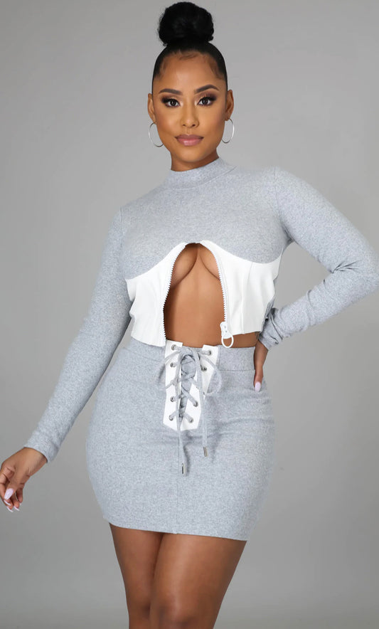 Sexy Part Leather Zippered Mini Skirt Set