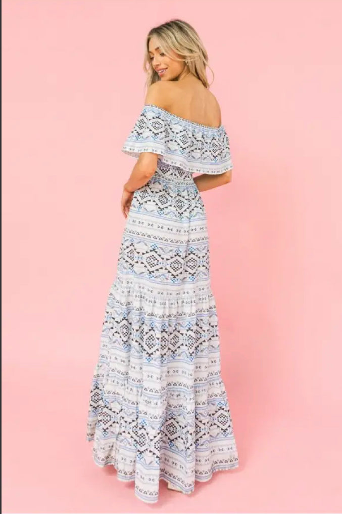 ivory off shoulder tiered maxi dress