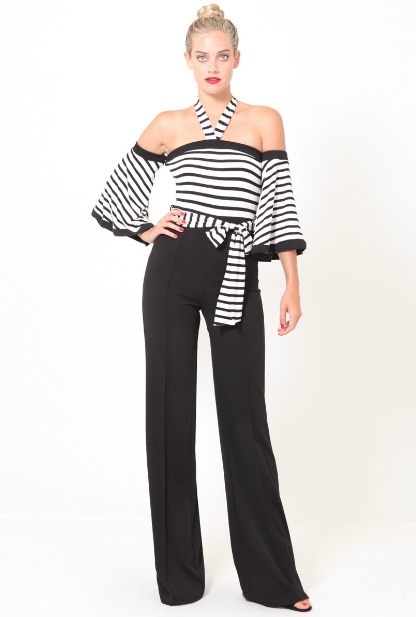 black & white off shoulder jumpsuit