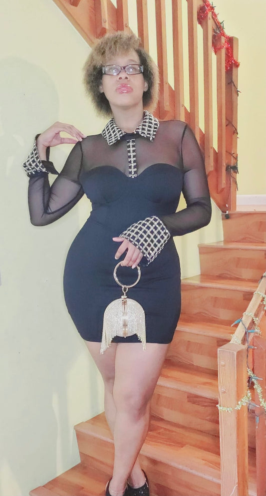 Black & Gold Sexy Mesh Collar Mini Dress