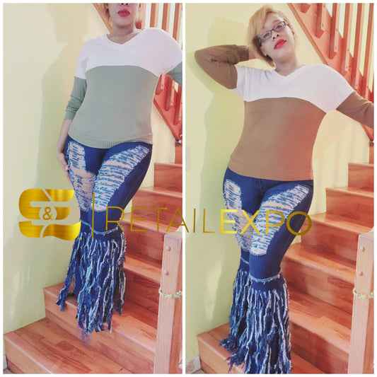 two-toned waffle knit long sleeve top