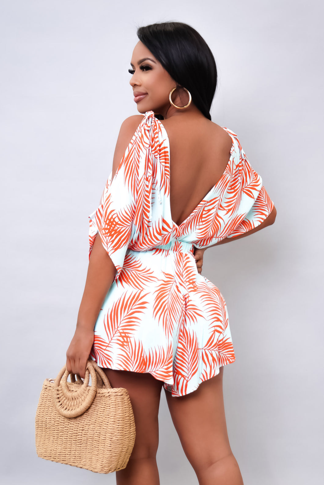 light baby blue & orange leaves romper