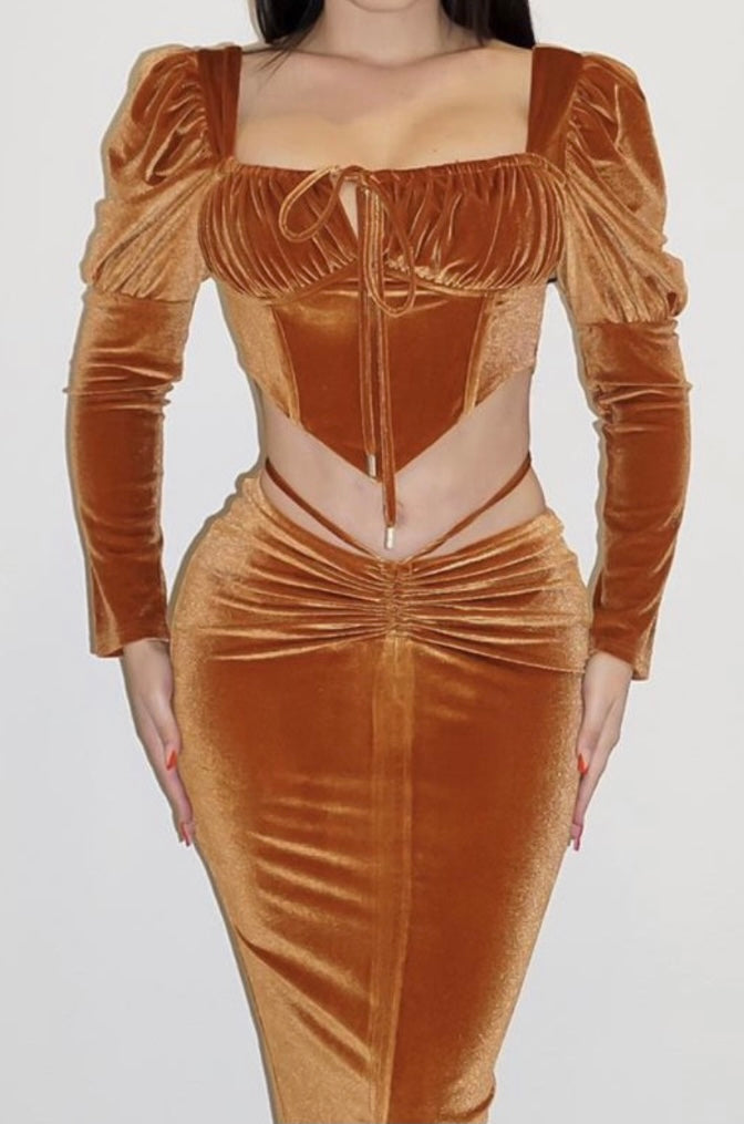 velvet brown ruched skirt & cropped puff top set