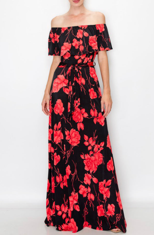off shoulder red roses print maxi dress