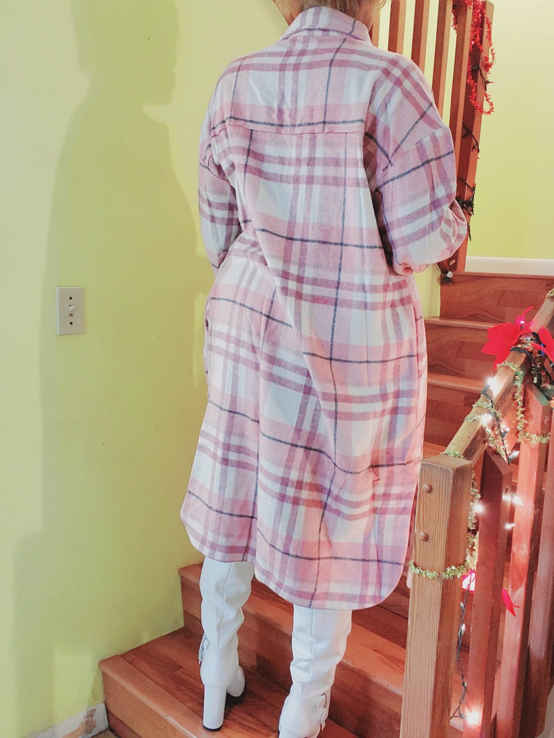 mauve plaid long shirt jacket