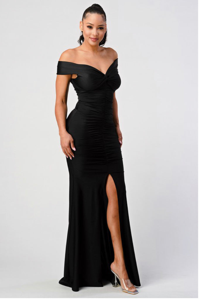 off the shoulder ruched mermaid maxi dress