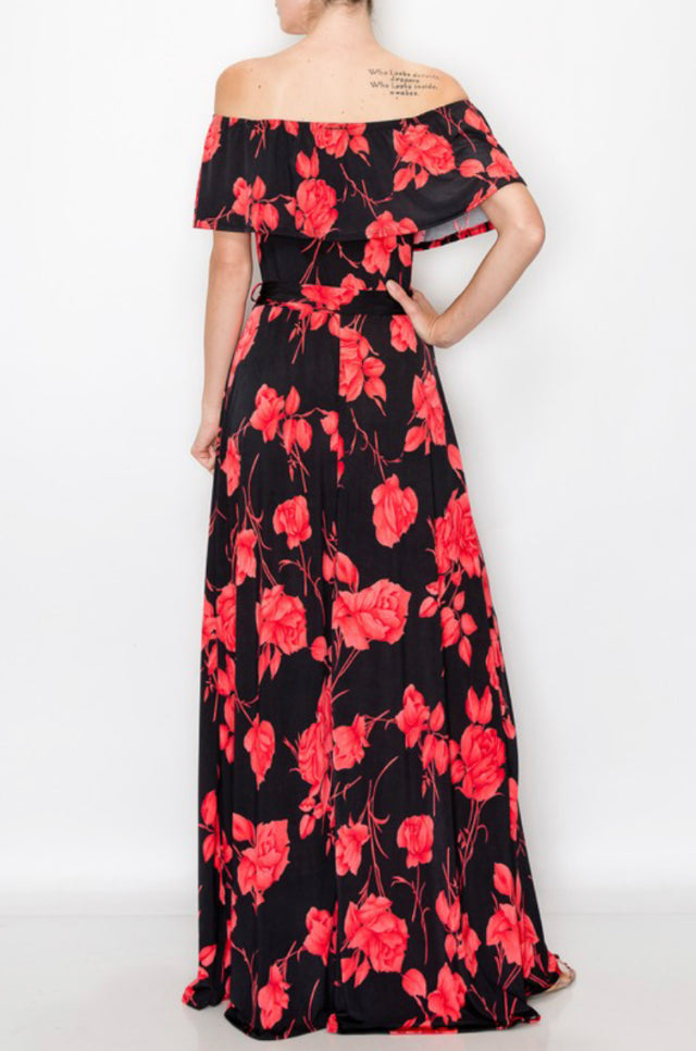 off shoulder red roses print maxi dress