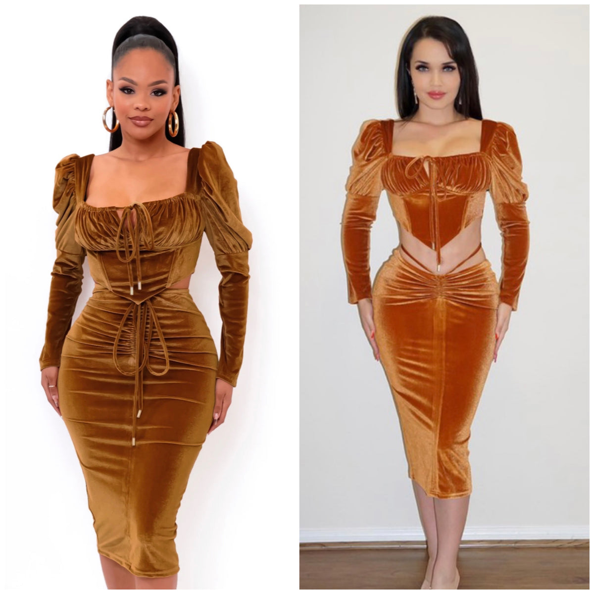 velvet brown ruched skirt & cropped puff top set