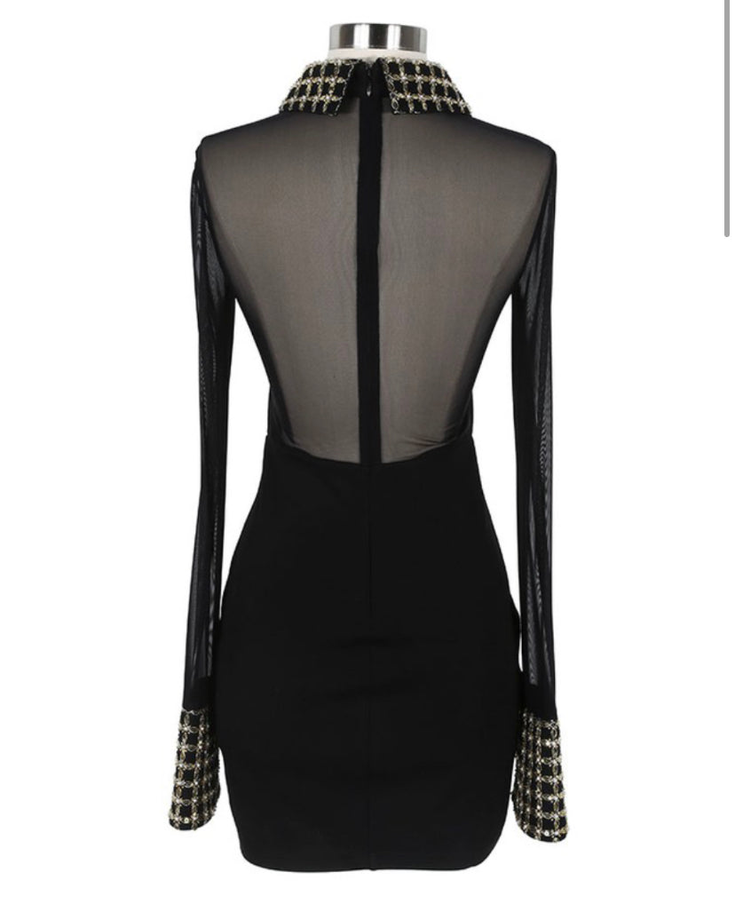 Vestido Mini de Tela Transparente Sexy Preto e Dourado