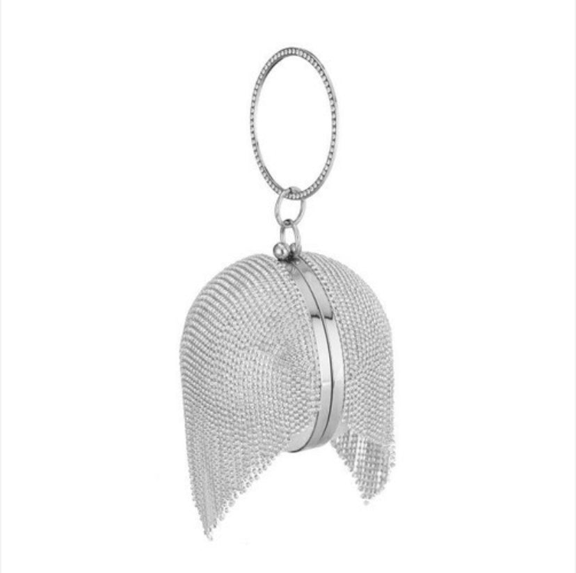 rhinestone round clutch fringe bag