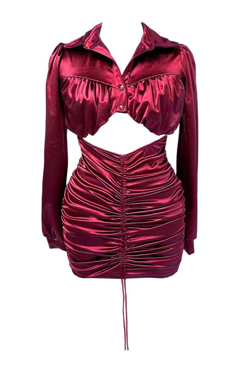 ruched long sleeve open front mini dress