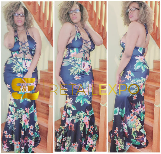 criss cross lace tie floral maxi dress