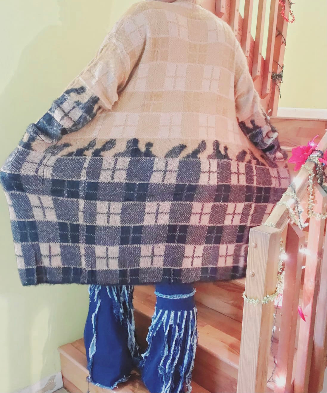 color block plaid long cardigan