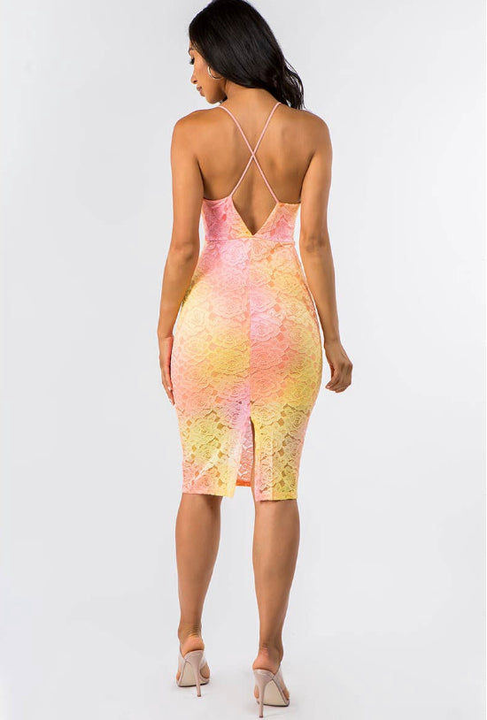 coral cross back lace print lined midi dress