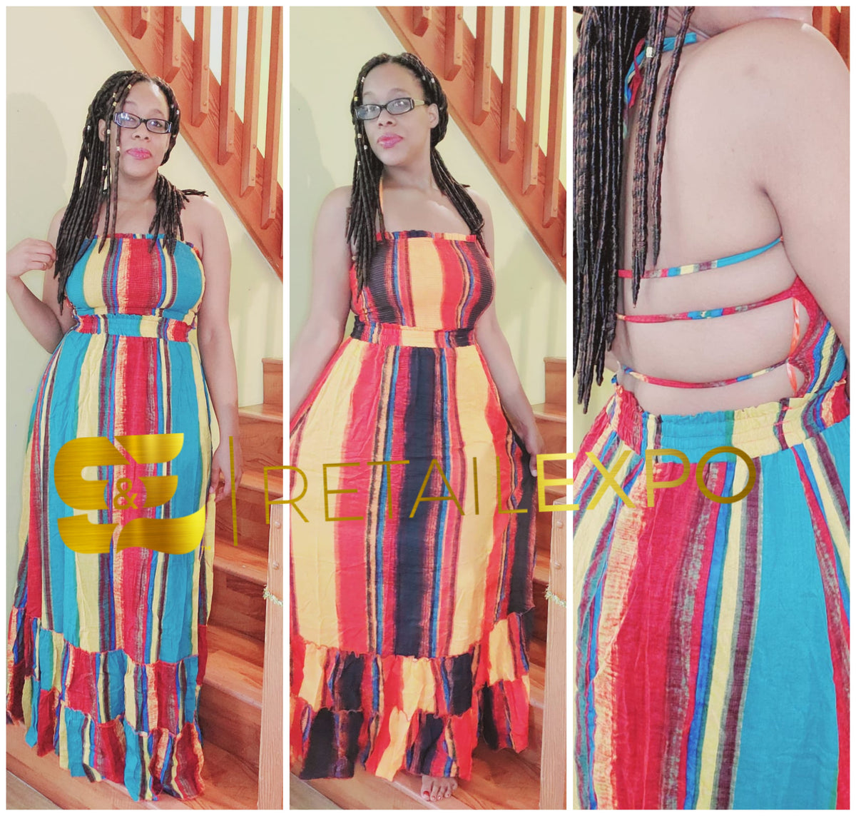 multicolored autumn hemmed bottom halter maxi dress