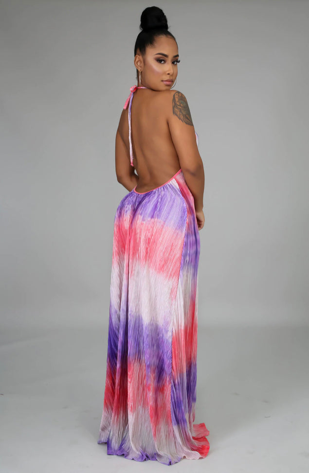 “dreams” pleated halter neck open back maxi dress