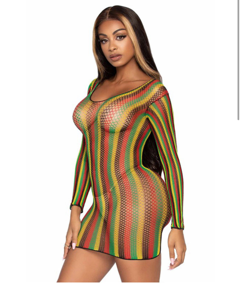 Rasta Fishnet Long Sleeve Mini Dress/Swimwear Coverup/Lingerie (Restocking-PREORDER)