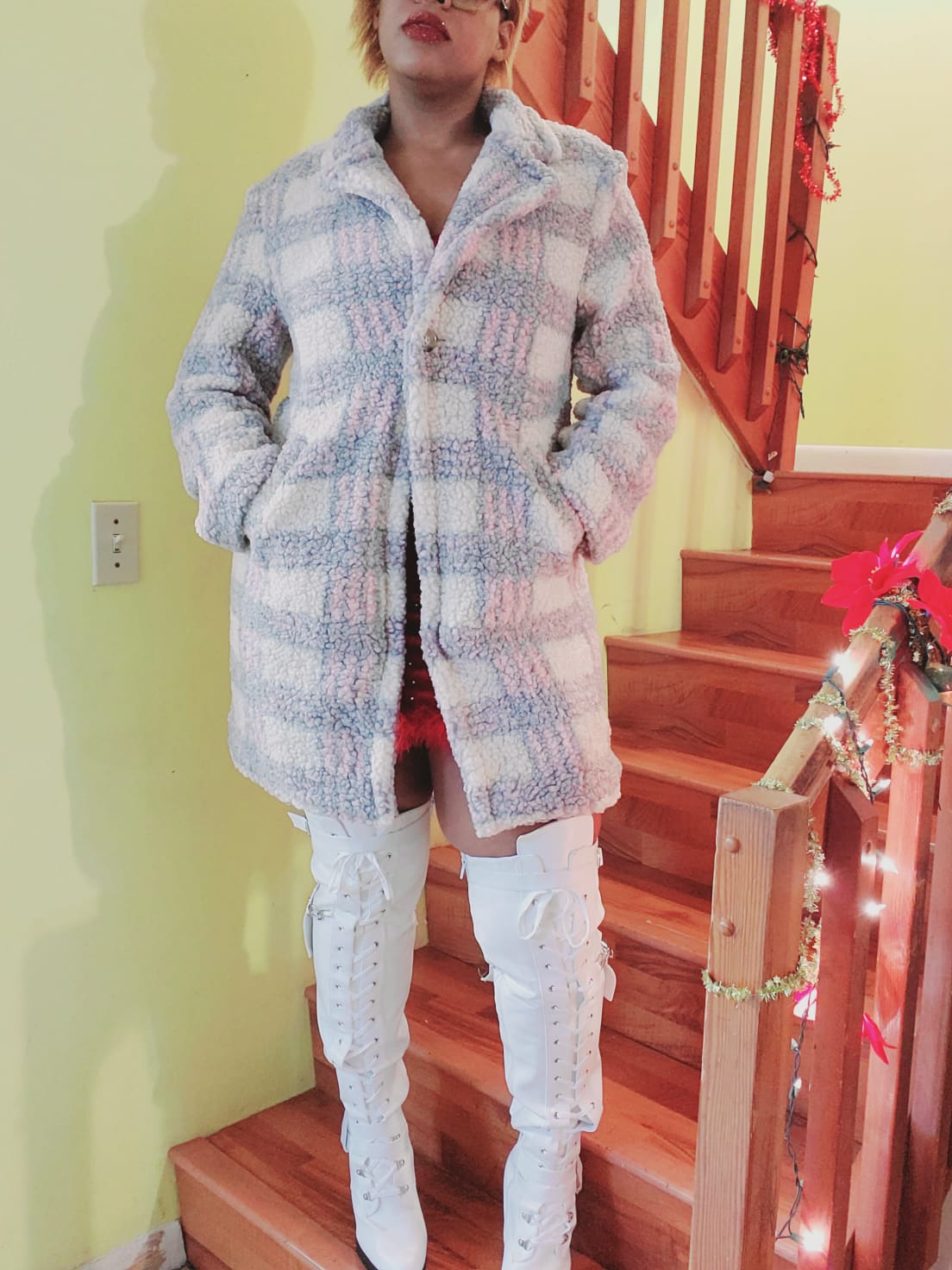 fluffy midi plaid coat