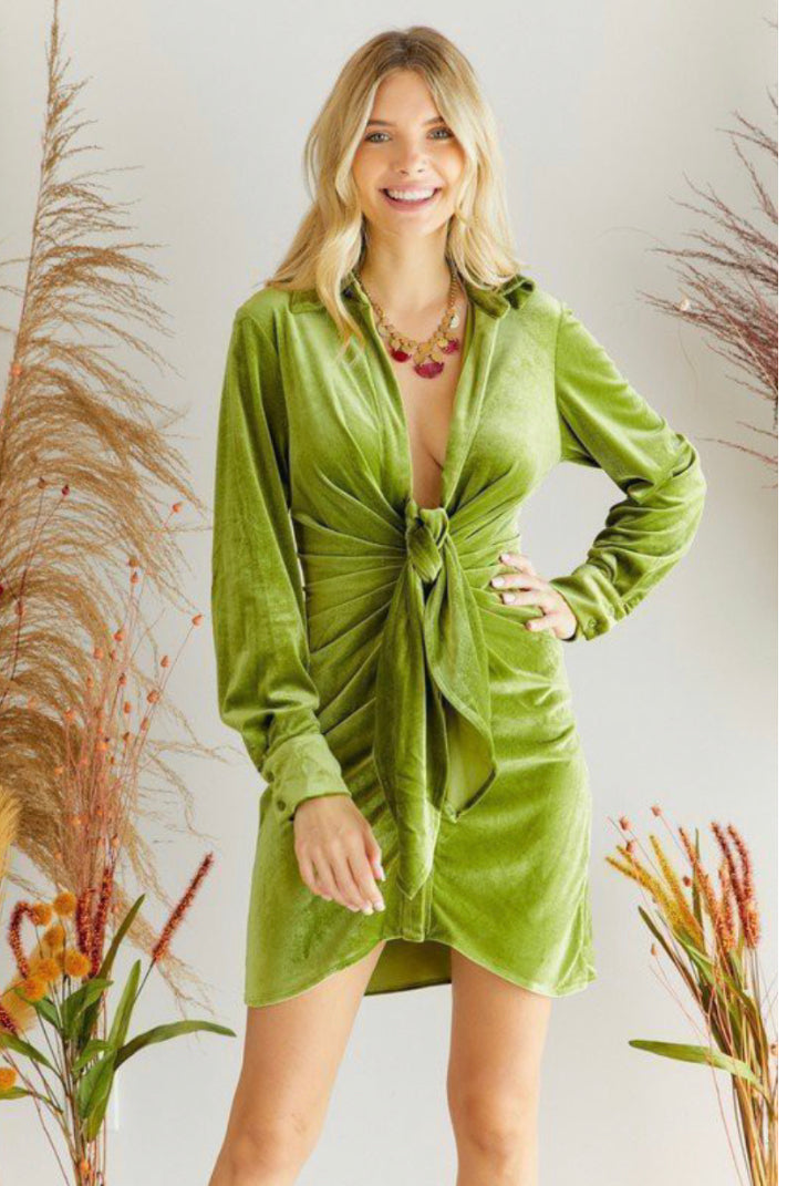 pear buttoned down knotted front velvet dress