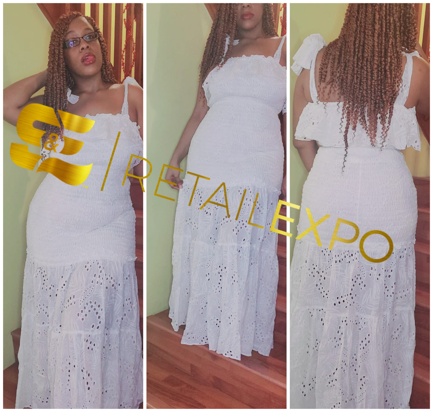 vacation white crochet ruffled bottom maxi dress