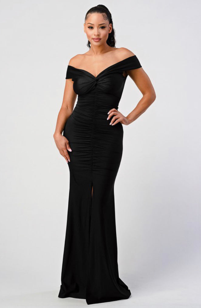 off the shoulder ruched mermaid maxi dress