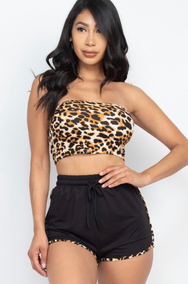 Leopard Print Tube Top & Shorts Set