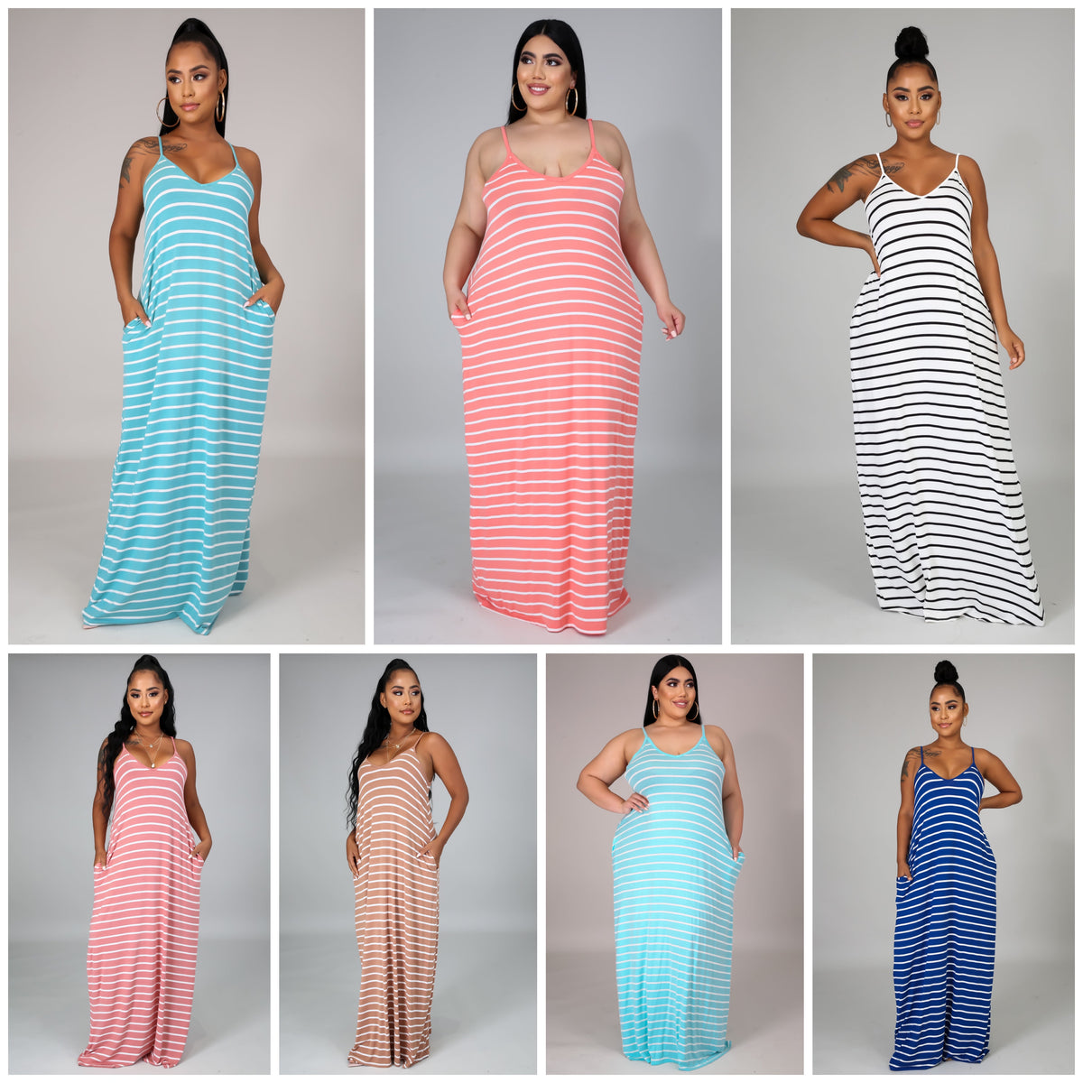 Vestido Maxi Listrado Solto e Confortável com Bolsos