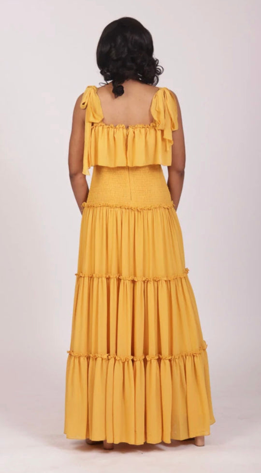 marigold tiered self tie maxi dress