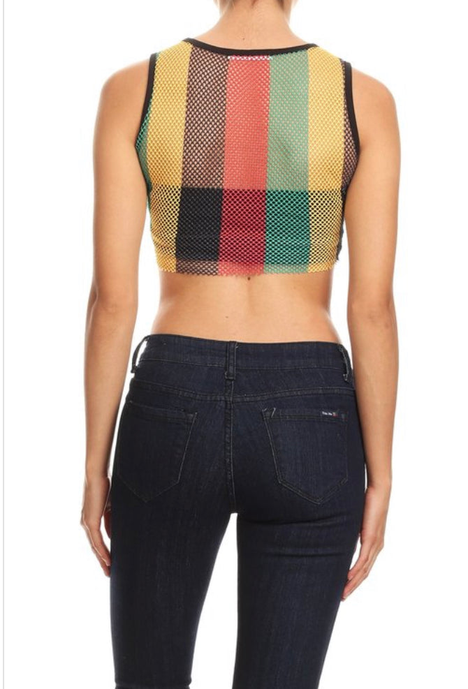 rasta striped mesh fishnet cropped top