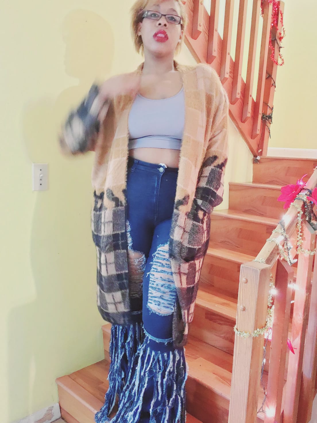 color block plaid long cardigan