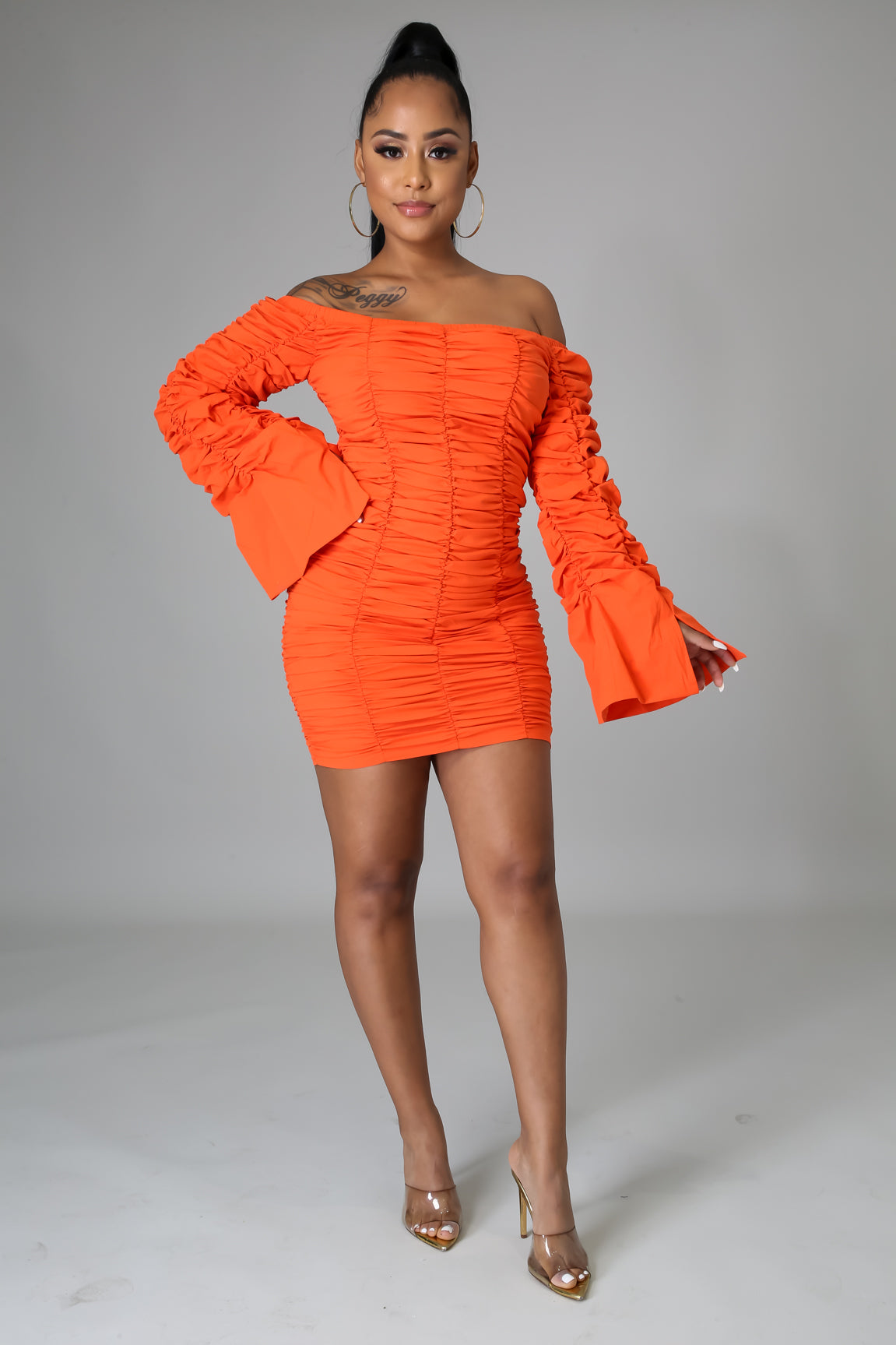 stretch denim off shoulder ruched ruffled mini dress