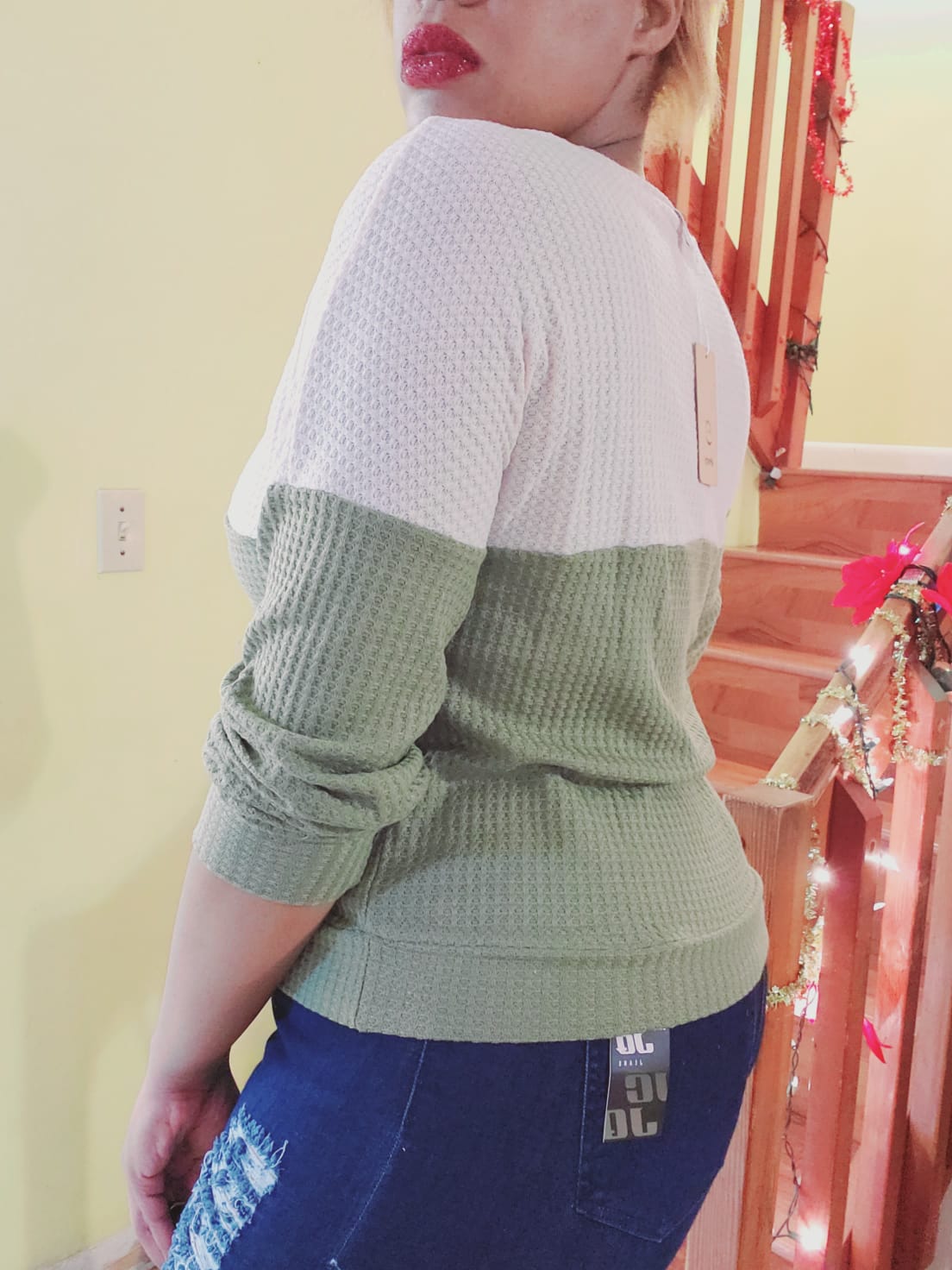 two-toned waffle knit long sleeve top