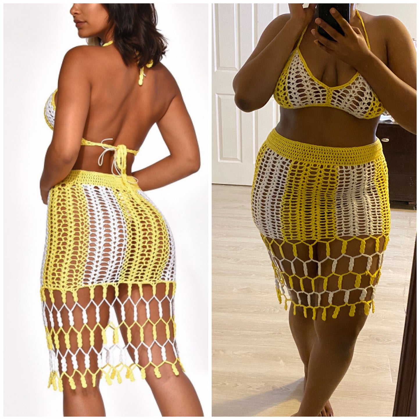 yellow & white crochet tassled coverup skirt set