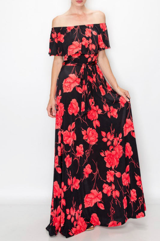 off shoulder red roses print maxi dress