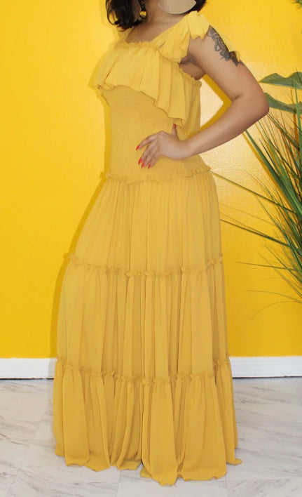 marigold tiered self tie maxi dress