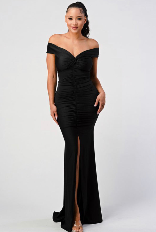 off the shoulder ruched mermaid maxi dress