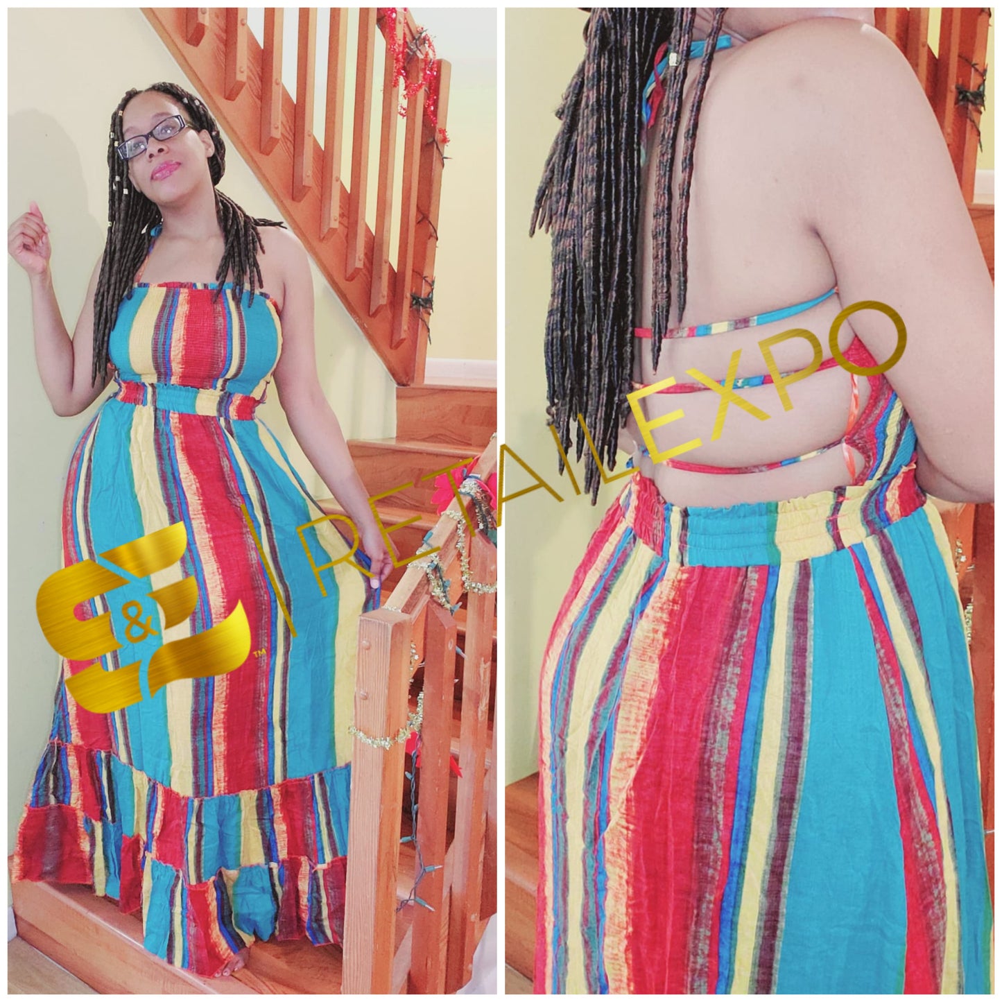 multicolored autumn hemmed bottom halter maxi dress