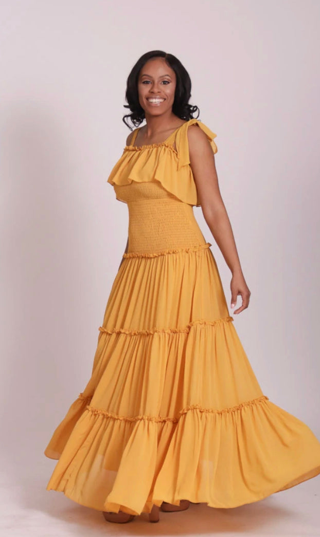 marigold tiered self tie maxi dress