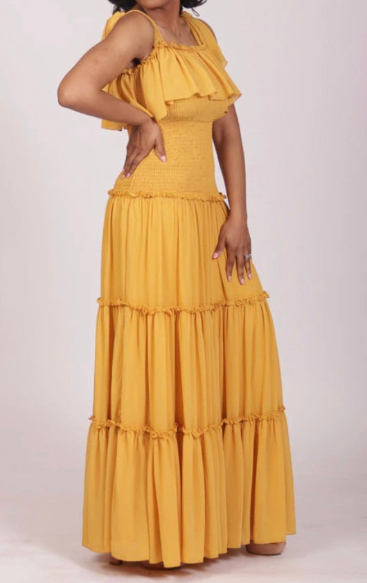 marigold tiered self tie maxi dress