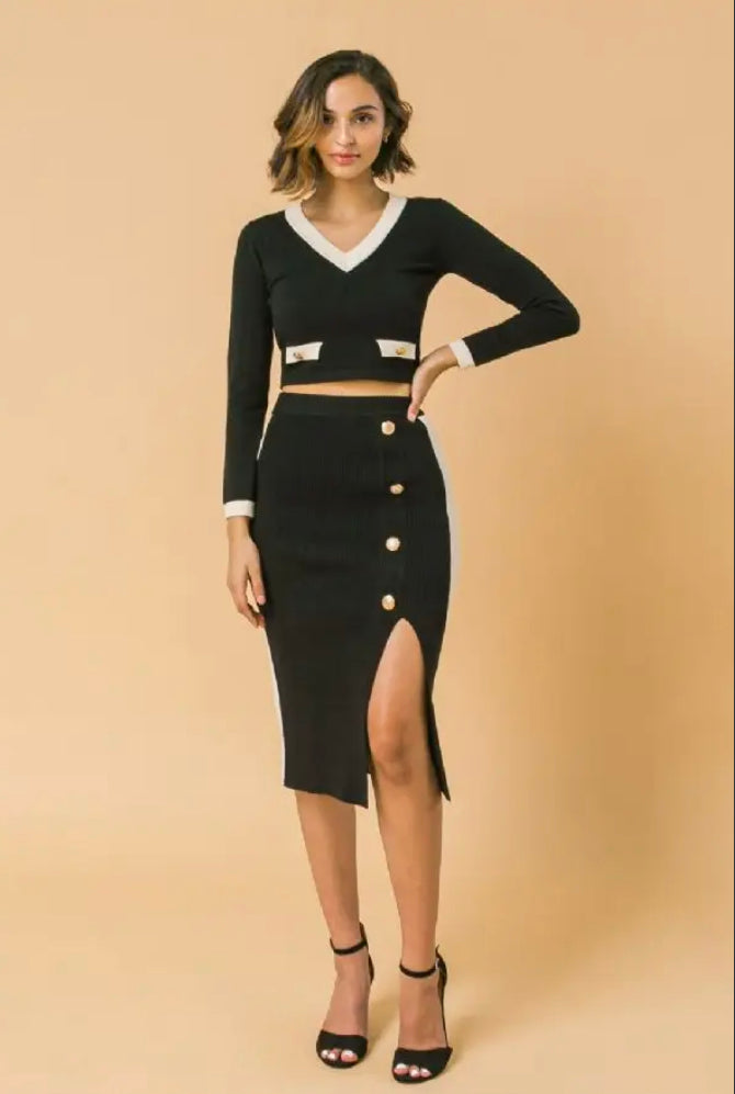 black & white sweater knit skirt set