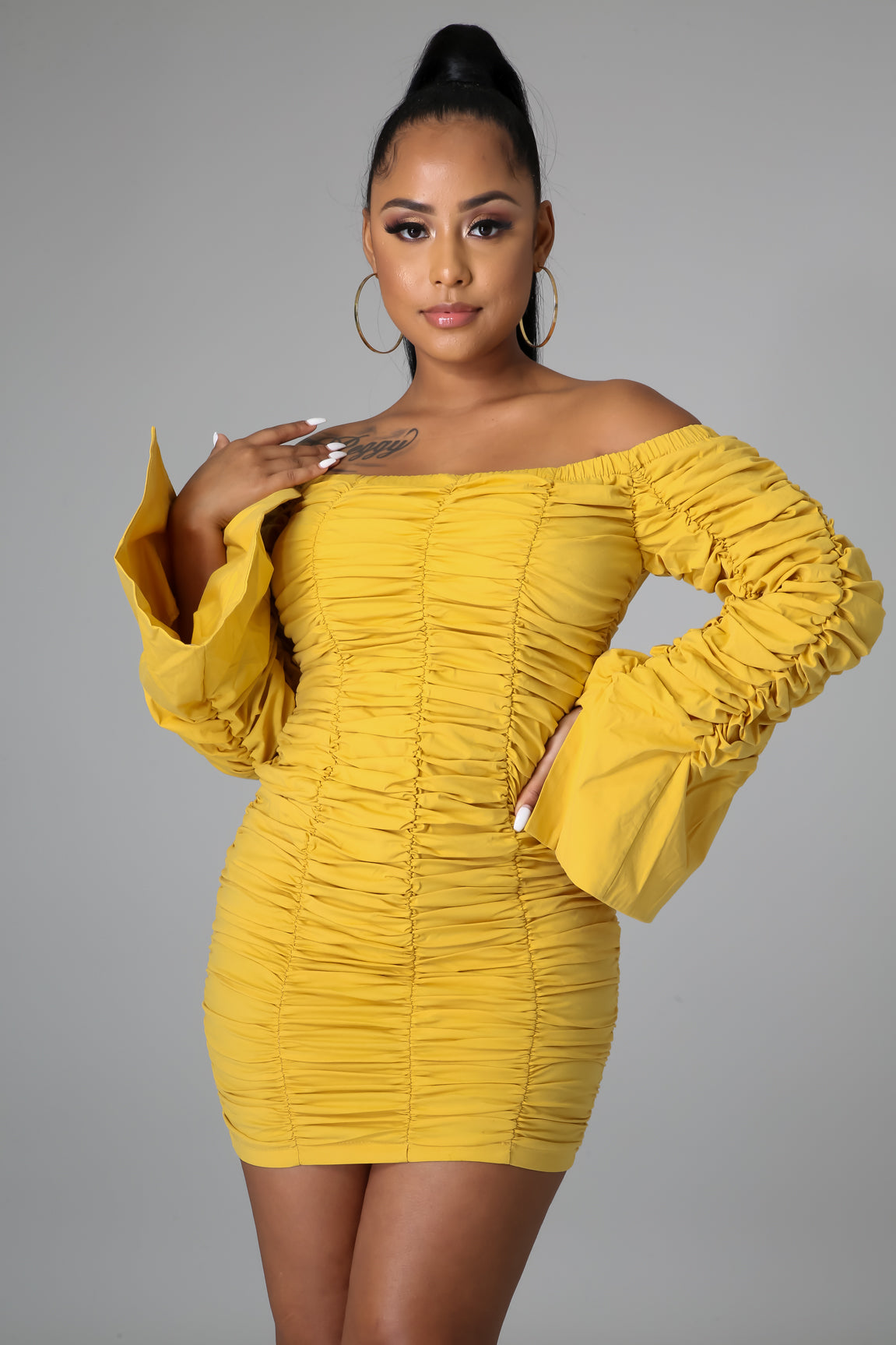 stretch denim off shoulder ruched ruffled mini dress