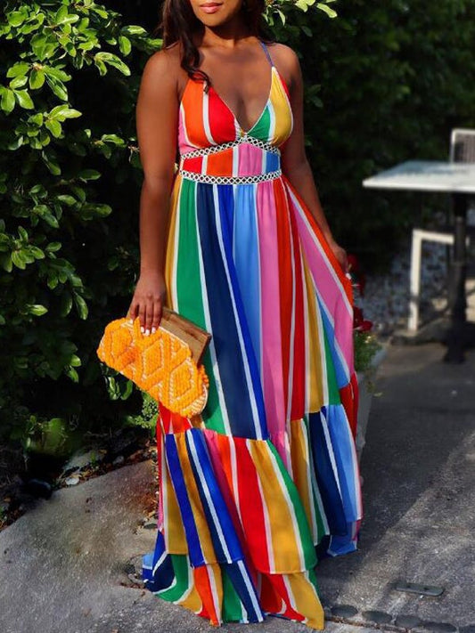 rainbow multistriped crochet top maxi dress