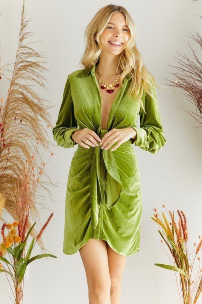 pear buttoned down knotted front velvet dress