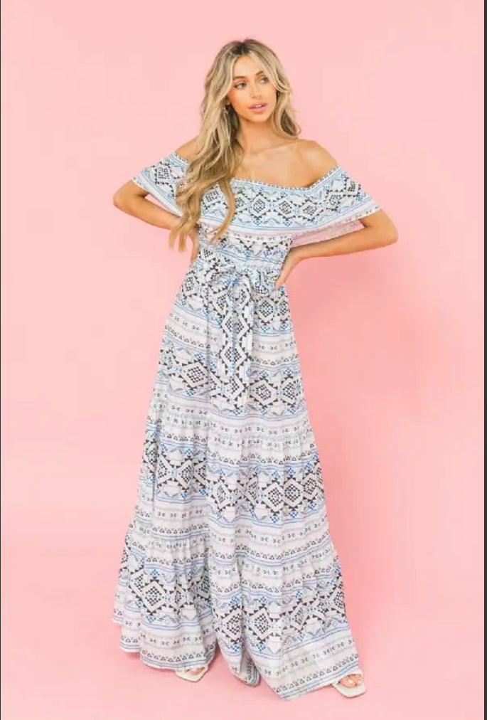ivory off shoulder tiered maxi dress