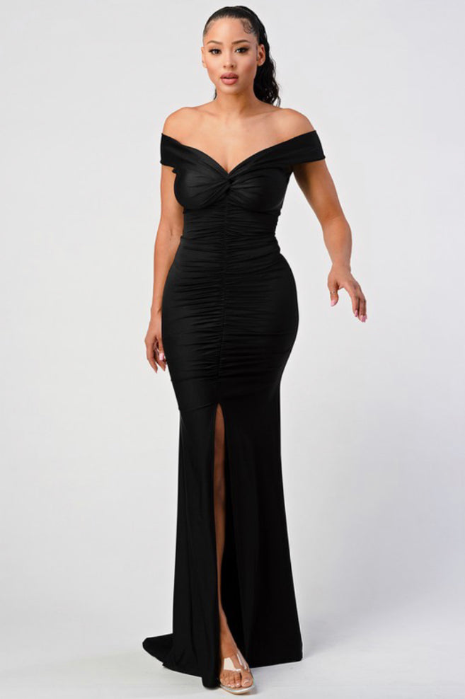 off the shoulder ruched mermaid maxi dress