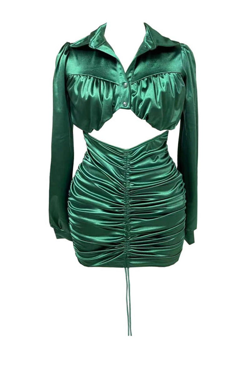 ruched long sleeve open front mini dress