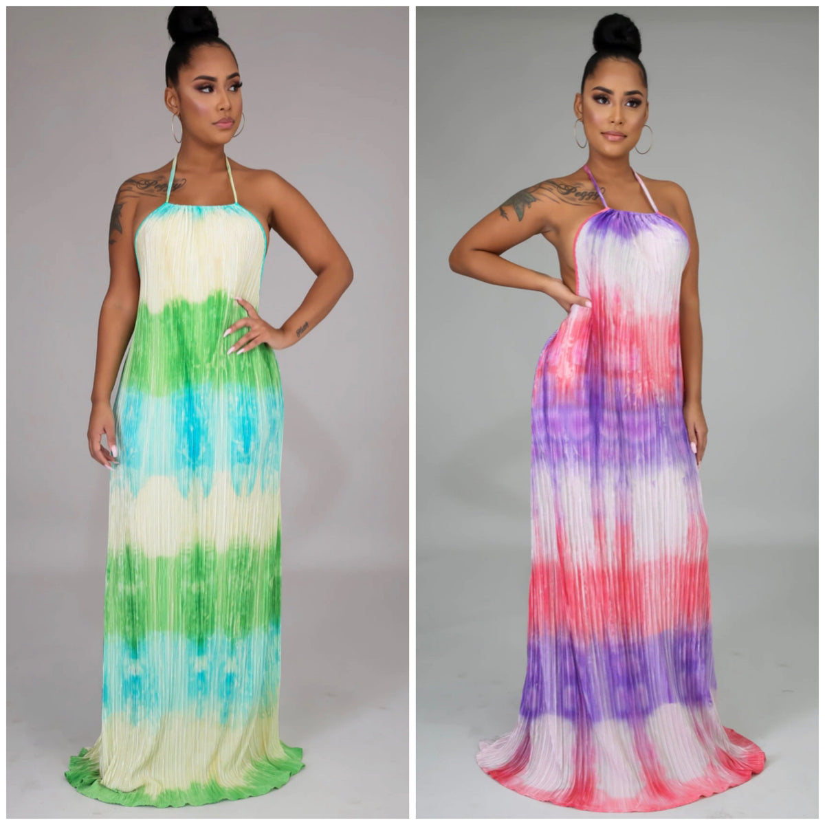“dreams” pleated halter neck open back maxi dress