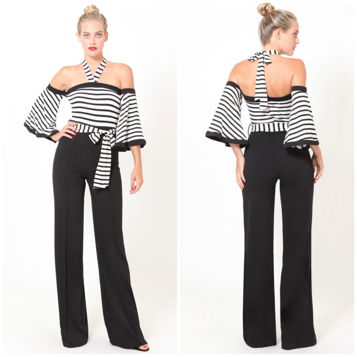black & white off shoulder jumpsuit
