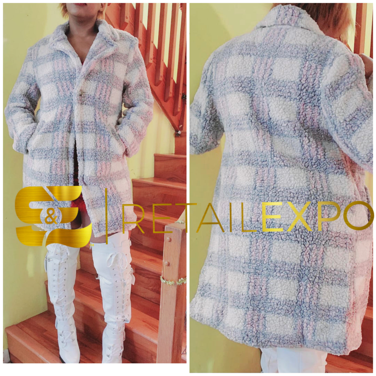 fluffy midi plaid coat